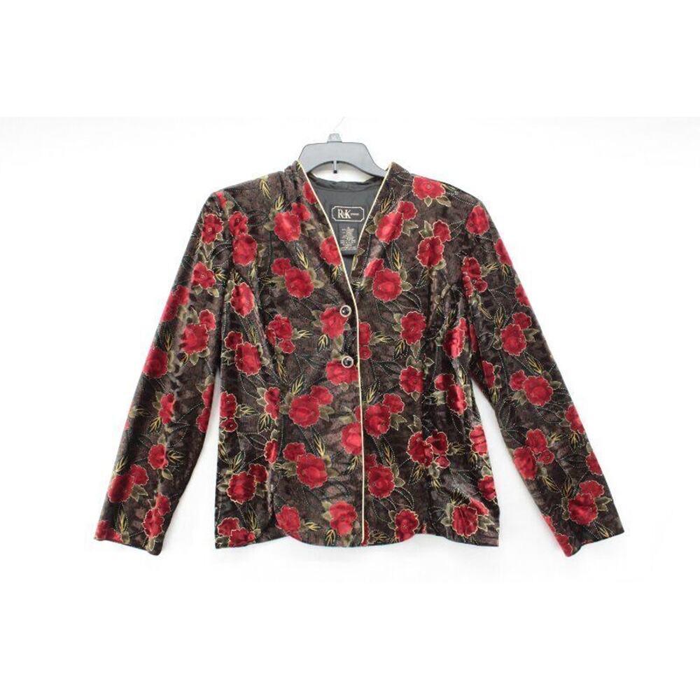 R & K Dark Floral Velour Jacket sz 12 Evening Formal Black Red Roses VTG